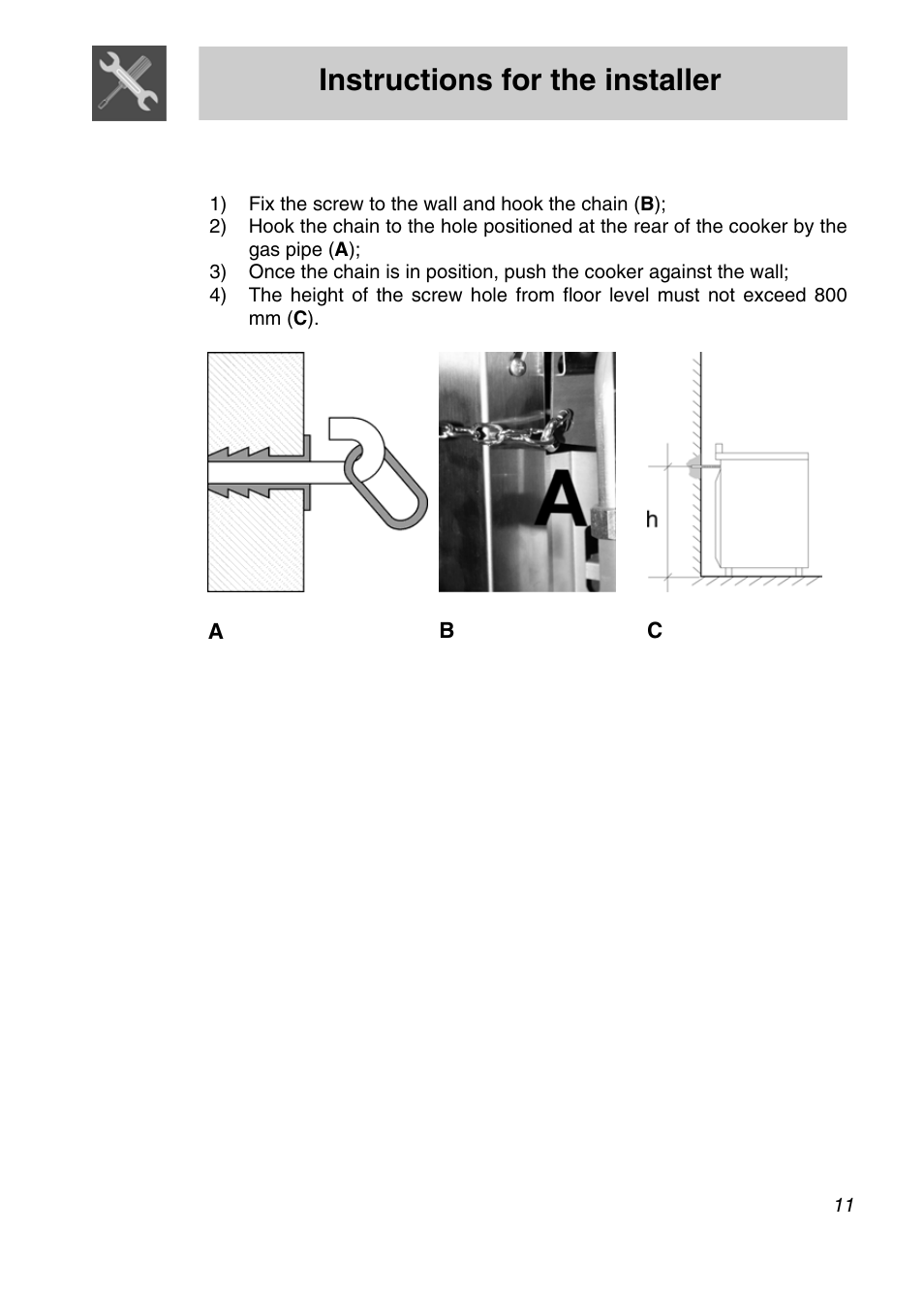 Instructions for the installer | Smeg A3SX User Manual | Page 9 / 40