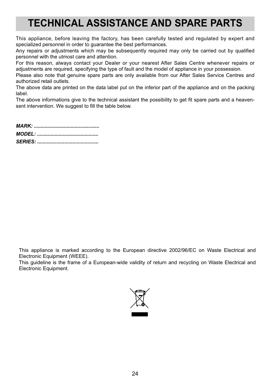 Technical assistance and spare parts | Smeg SE32CX User Manual | Page 12 / 12