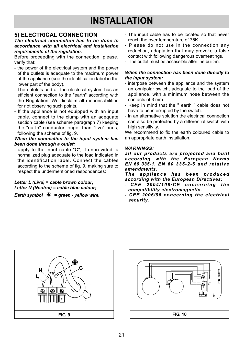 Installation, 5) electrical connection | Smeg SE32CX User Manual | Page 9 / 12