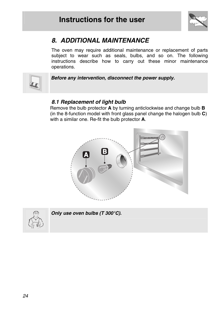 Additional maintenance, 1 replacement of light bulb, Instructions for the user | Only use oven bulbs (t 300°c) | Smeg SA250X-5 User Manual | Page 22 / 24