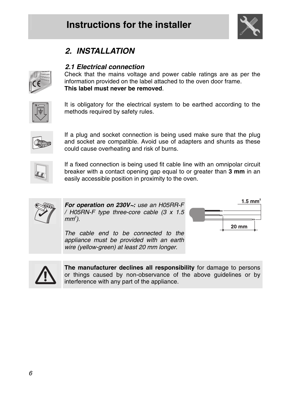 Installation, 1 electrical connection, Instructions for the installer | Smeg SA250X-5 User Manual | Page 4 / 24