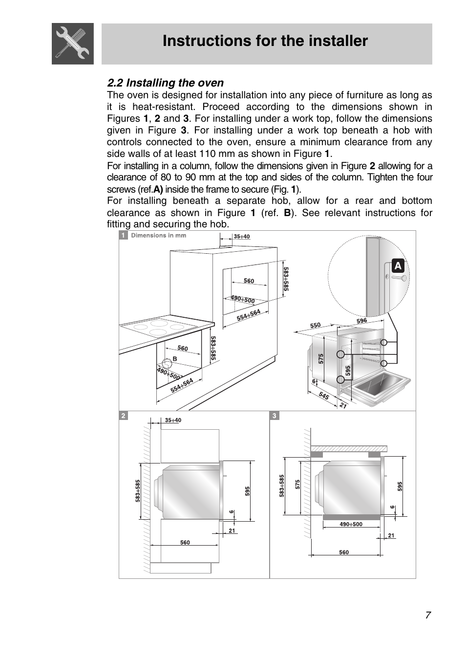 2 installing the oven, Instructions for the installer | Smeg SA250X-5 User Manual | Page 5 / 24