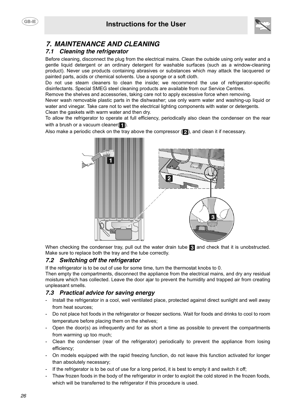 Maintenance and cleaning, 1 cleaning the refrigerator, 2 switching off the refrigerator | 3 practical advice for saving energy, Instructions for the user | Smeg FAB40P User Manual | Page 10 / 14