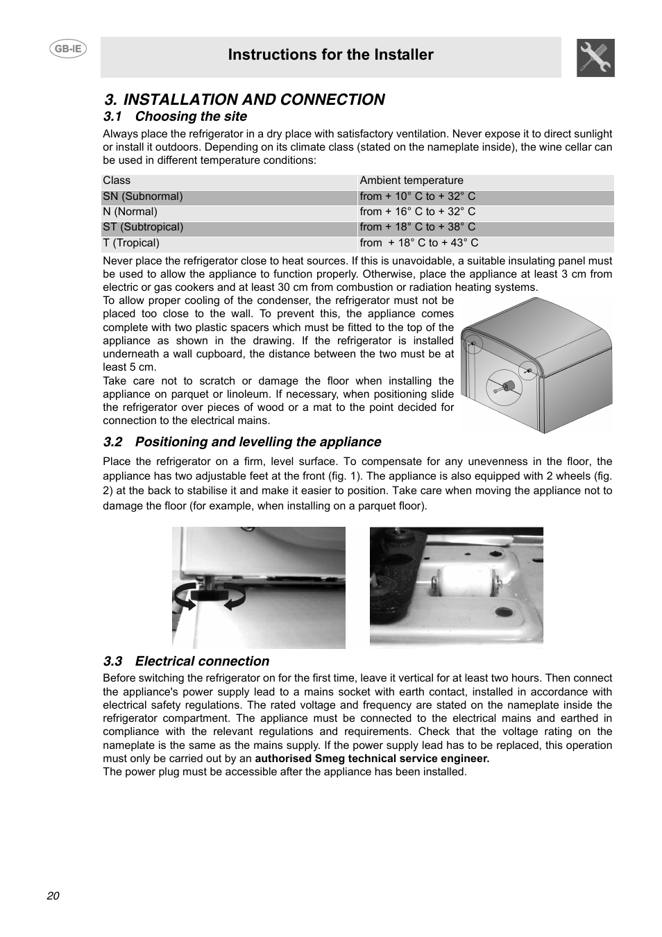 Installation and connection, 1 choosing the site, 2 positioning and levelling the appliance | 3 electrical connection, Instructions for the installer | Smeg FAB40P User Manual | Page 4 / 14