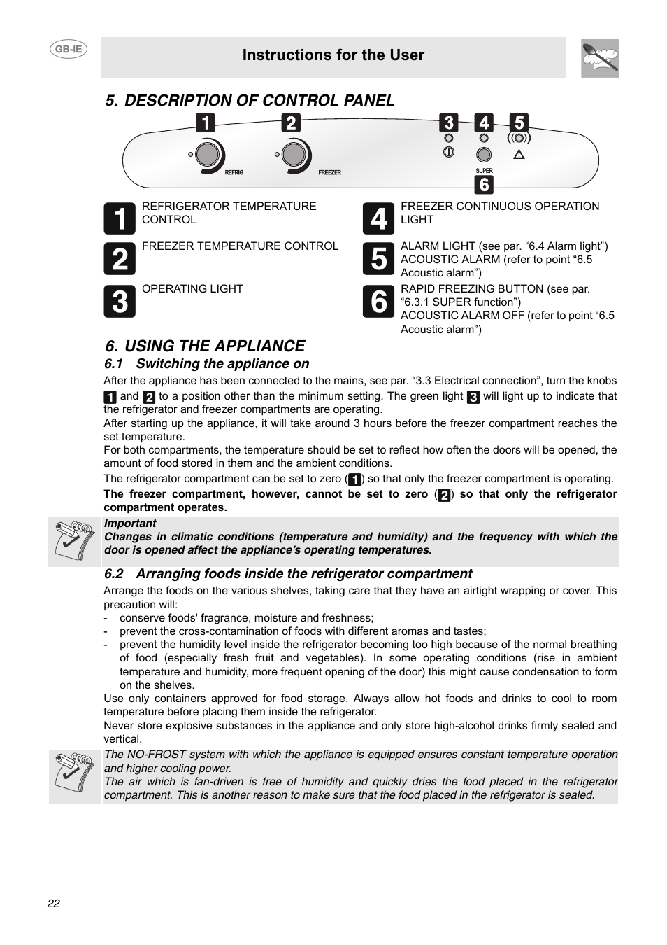 Description of control panel, Using the appliance, 1 switching the appliance on | Instructions for the user | Smeg FAB40P User Manual | Page 6 / 14