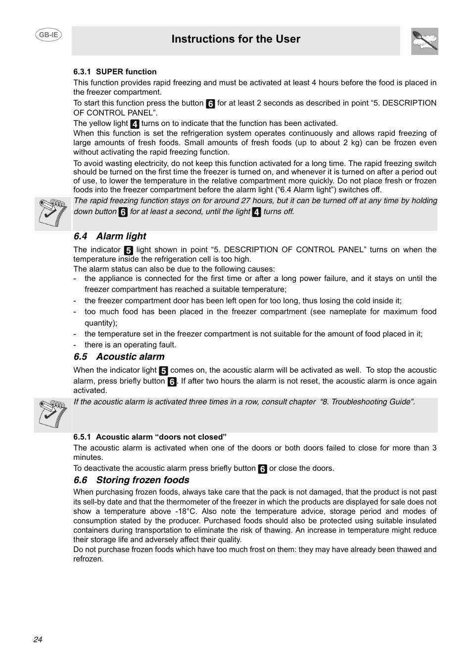 1 super function, 4 alarm light, 5 acoustic alarm | 1 acoustic alarm “doors not closed, 6 storing frozen foods, 4 alarm light”), 1 super function”), Refer to point “6.5 acoustic alarm, Instructions for the user | Smeg FAB40P User Manual | Page 8 / 14