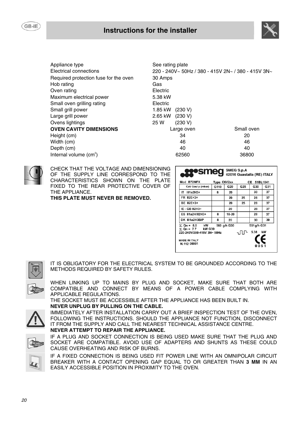 Instructions for the installer, Installation | Smeg B72MFX5 User Manual | Page 18 / 24