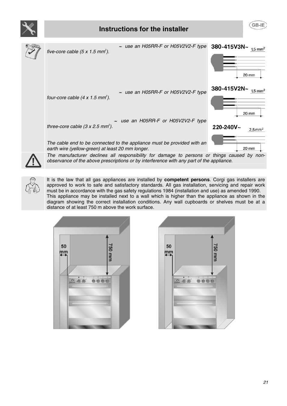 Instructions for the installer, 4 installation of the appliance | Smeg B72MFX5 User Manual | Page 19 / 24