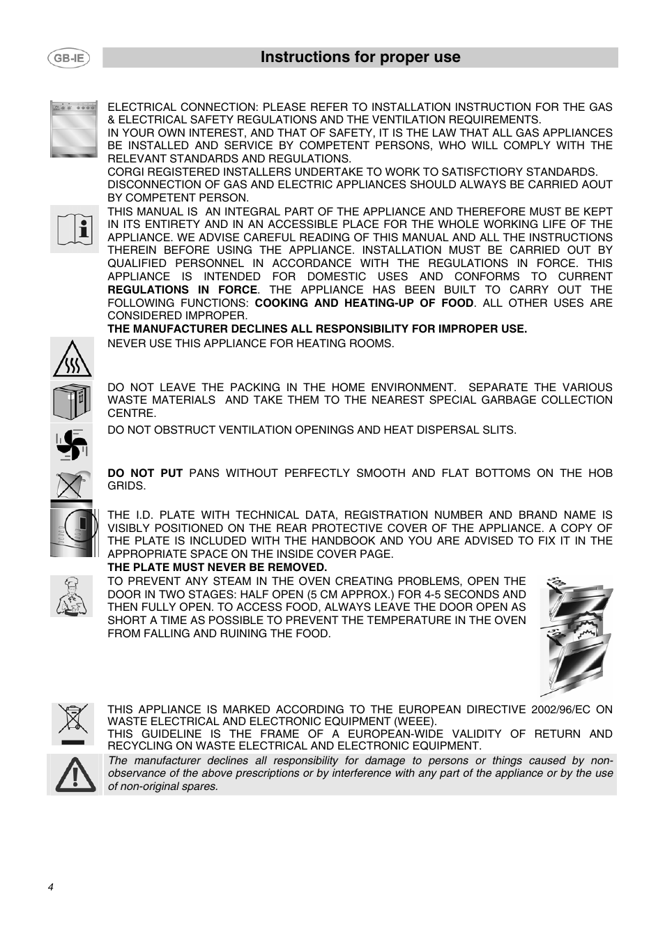 Instructions for proper use | Smeg B72MFX5 User Manual | Page 2 / 24