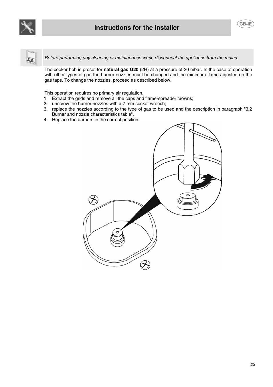 Instructions for the installer, Adaptation to different types of gas | Smeg B72MFX5 User Manual | Page 21 / 24