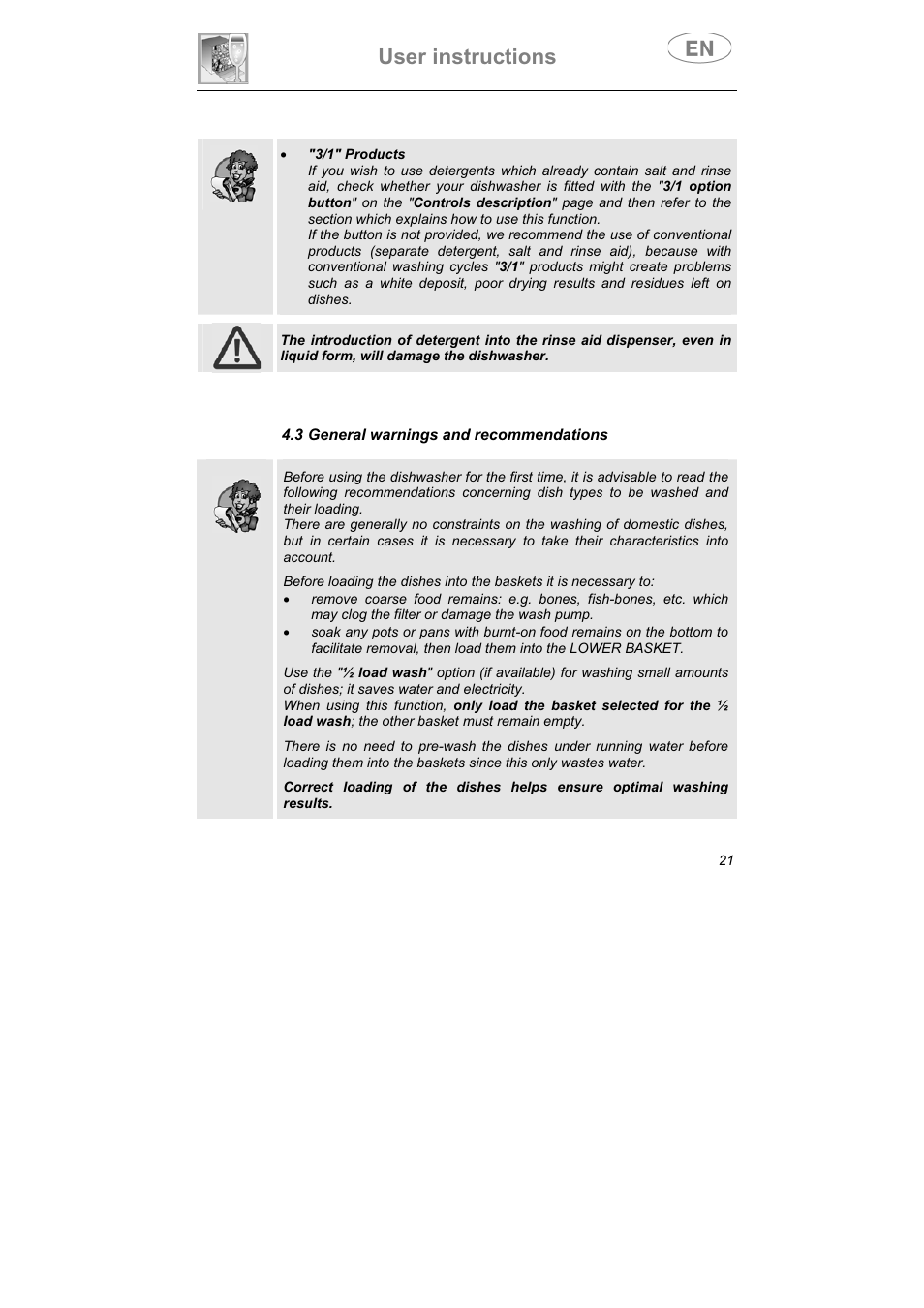 User instructions, 3 general warnings and recommendations | Smeg LSPX1253 User Manual | Page 22 / 34