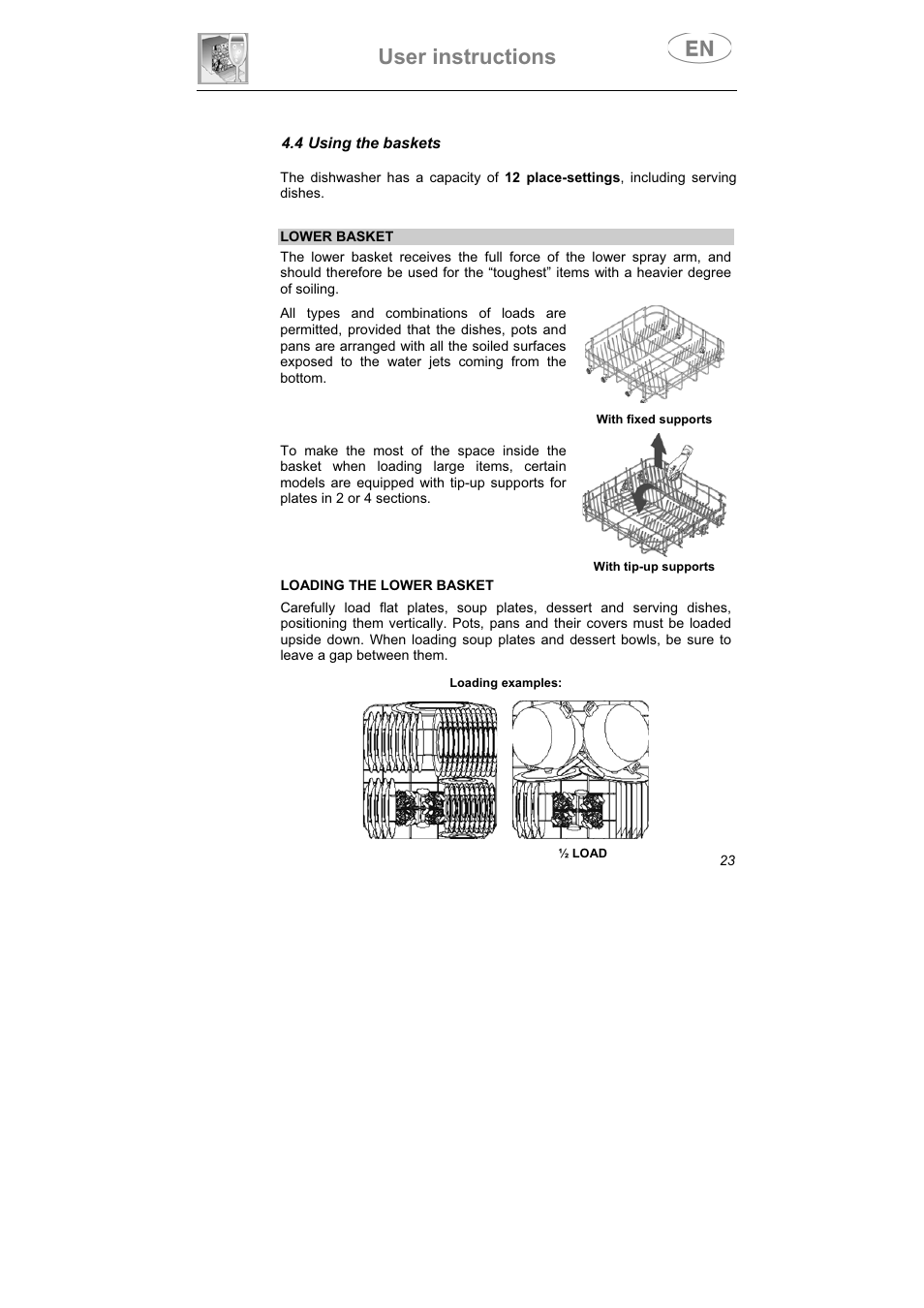 User instructions, 4 using the baskets | Smeg LSPX1253 User Manual | Page 24 / 34