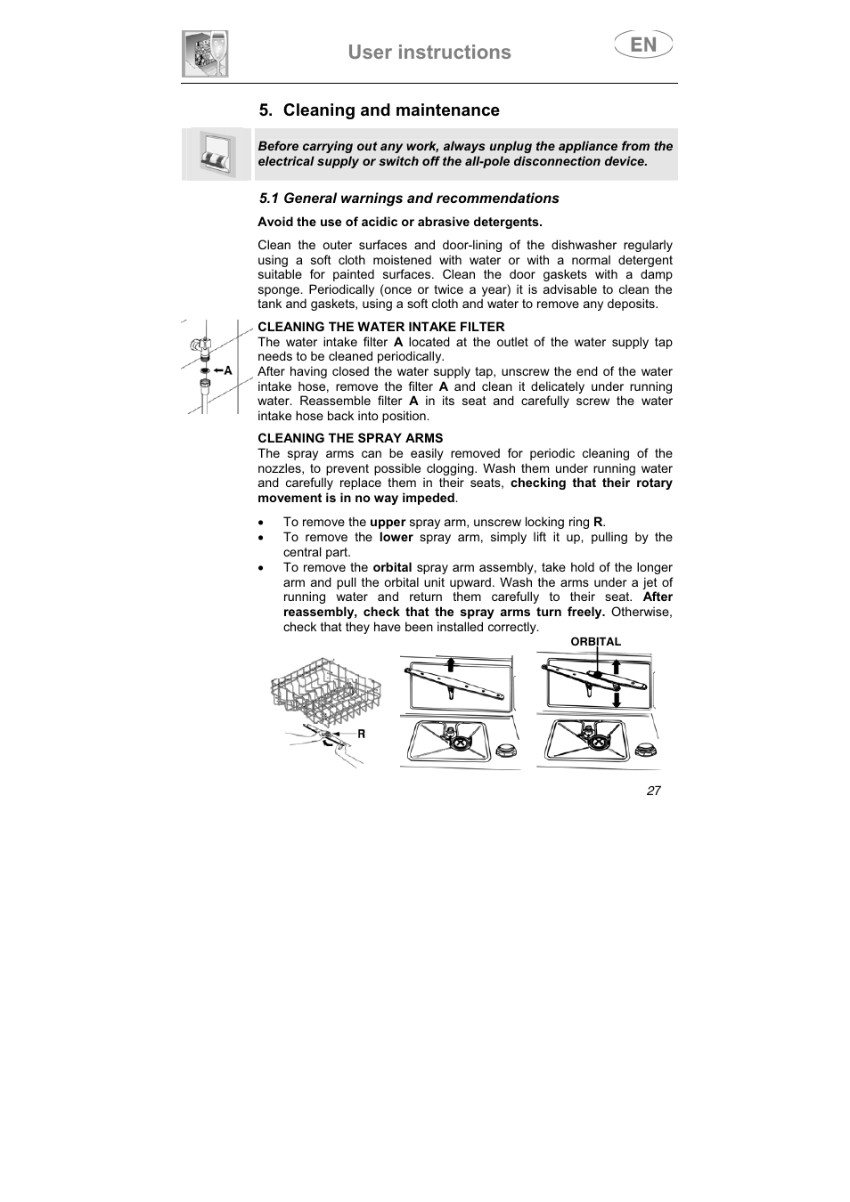 User instructions, Cleaning and maintenance, 1 general warnings and recommendations | Smeg LSPX1253 User Manual | Page 28 / 34