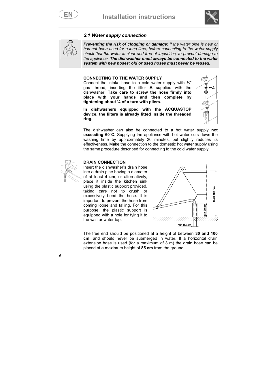 Installation instructions, 1 water supply connection | Smeg LSPX1253 User Manual | Page 7 / 34