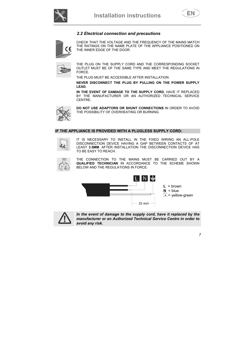 Installation instructions, 2 electrical connection and precautions | Smeg LSPX1253 User Manual | Page 8 / 34