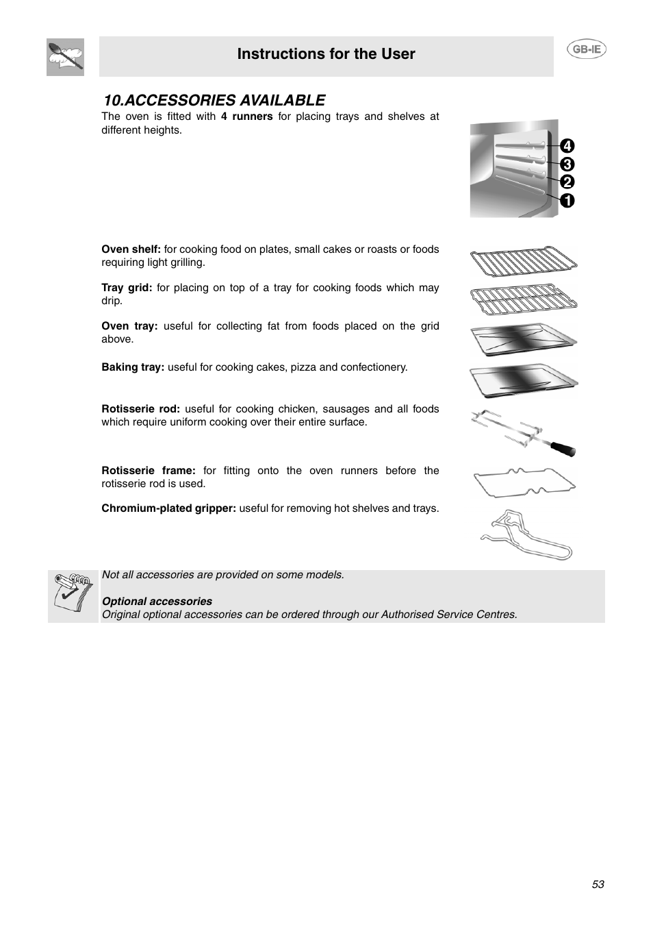 Accessories available, Instructions for the user | Smeg SCB66MPX5 User Manual | Page 11 / 20