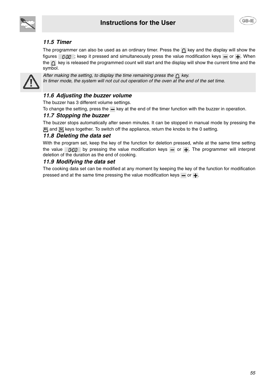 5 timer, 6 adjusting the buzzer volume, 7 stopping the buzzer | 8 deleting the data set, 9 modifying the data set, Instructions for the user | Smeg SCB66MPX5 User Manual | Page 13 / 20