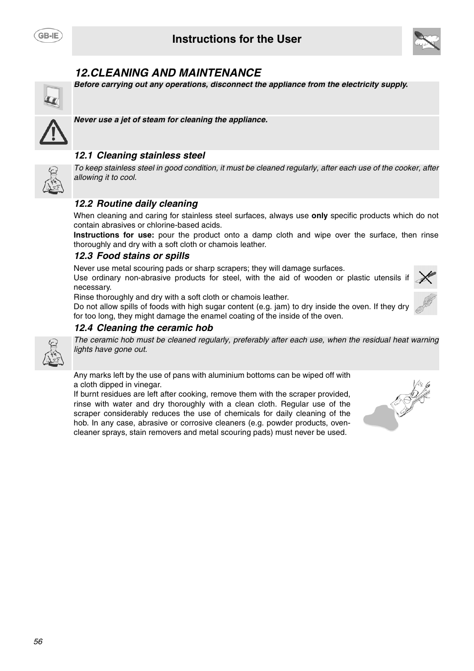 Cleaning and maintenance, 1 cleaning stainless steel, 2 routine daily cleaning | 3 food stains or spills, 4 cleaning the ceramic hob, Instructions for the user | Smeg SCB66MPX5 User Manual | Page 14 / 20