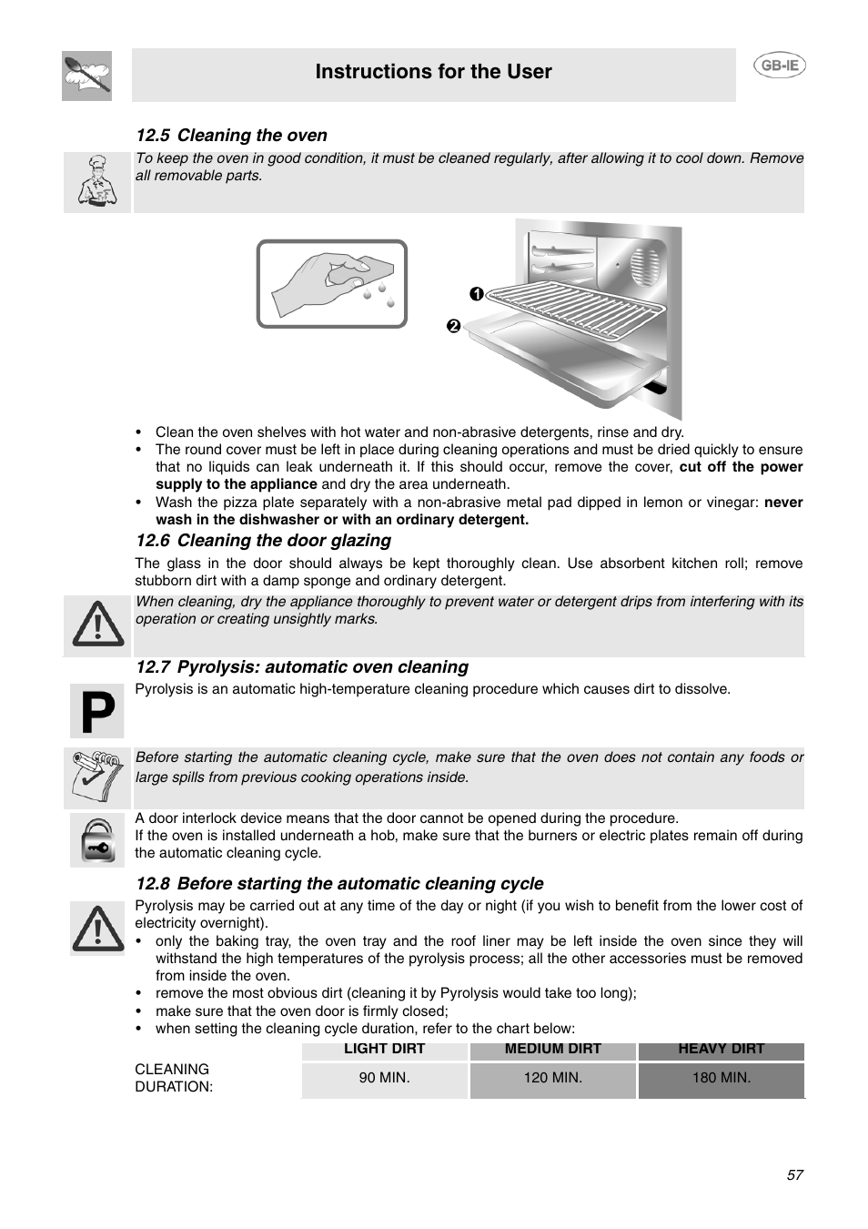 5 cleaning the oven, 6 cleaning the door glazing, 7 pyrolysis: automatic oven cleaning | 8 before starting the automatic cleaning cycle, Instructions for the user | Smeg SCB66MPX5 User Manual | Page 15 / 20