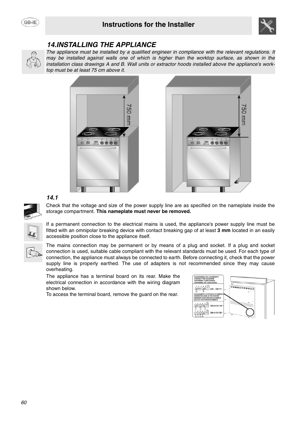 Installing the appliance, 1 electrical connection, Instructions for the installer | Smeg SCB66MPX5 User Manual | Page 18 / 20