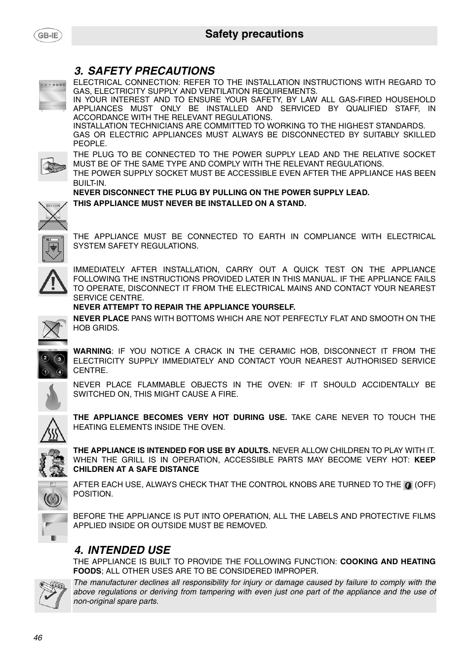 Safety precautions, Intended use, Safety precautions 4. intended use | Smeg SCB66MPX5 User Manual | Page 4 / 20