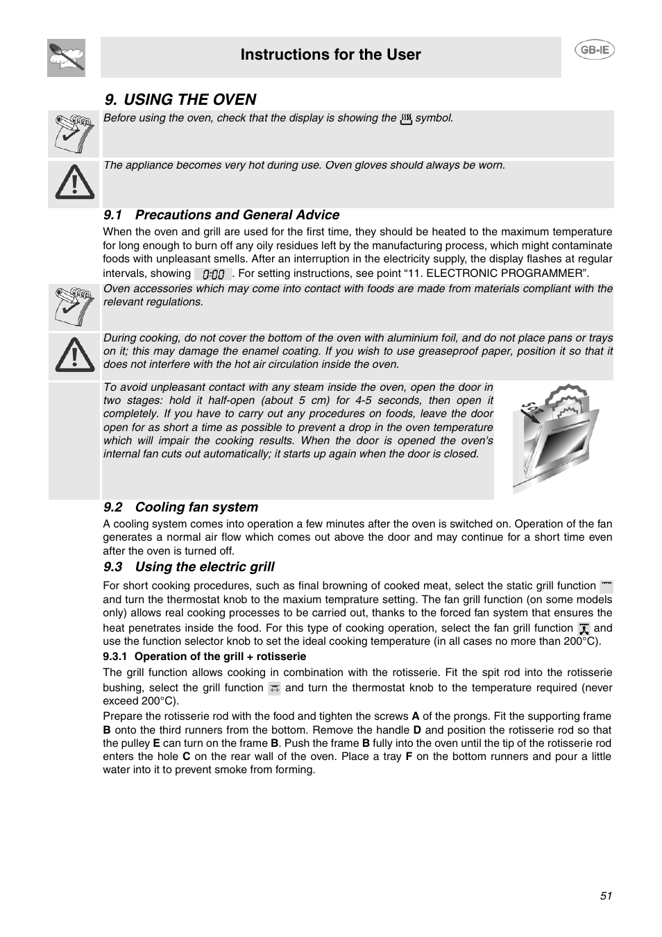 Using the oven, 1 precautions and general advice, 2 cooling fan system | 3 using the electric grill, 1 operation of the grill + rotisserie, Instructions for the user | Smeg SCB66MPX5 User Manual | Page 9 / 20
