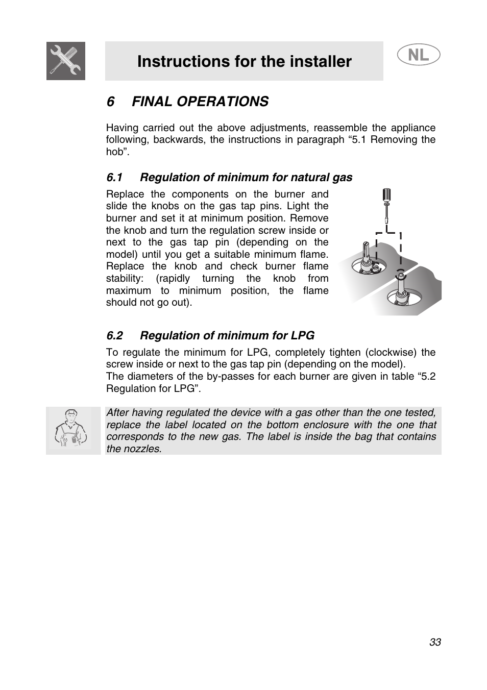 6 final operations, 1 regulation of minimum for natural gas, 2 regulation of minimum for lpg | Instructions for the installer | Smeg GKCO755 User Manual | Page 13 / 18