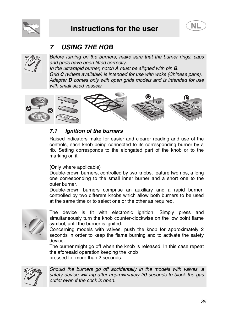 7 using the hob, 1 ignition of the burners, Instructions for the user | Smeg GKCO755 User Manual | Page 15 / 18