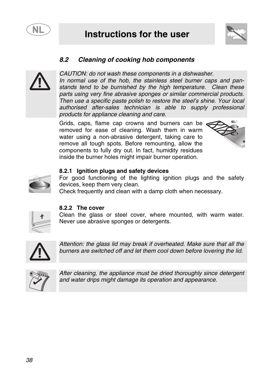 2 cleaning of cooking hob components, 1 ignition plugs and safety devices, 2 the cover | Instructions for the user | Smeg GKCO755 User Manual | Page 18 / 18