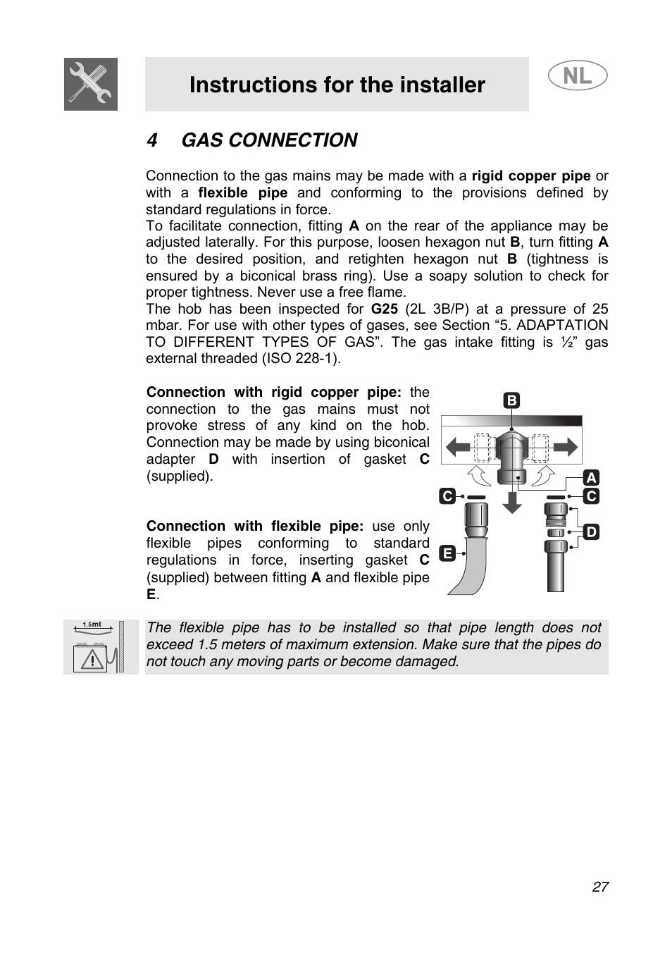 4 gas connection, Instructions for the installer | Smeg GKCO755 User Manual | Page 7 / 18