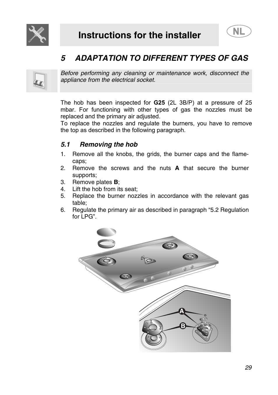 5 adaptation to different types of gas, 1 removing the hob, Instructions for the installer | Smeg GKCO755 User Manual | Page 9 / 18