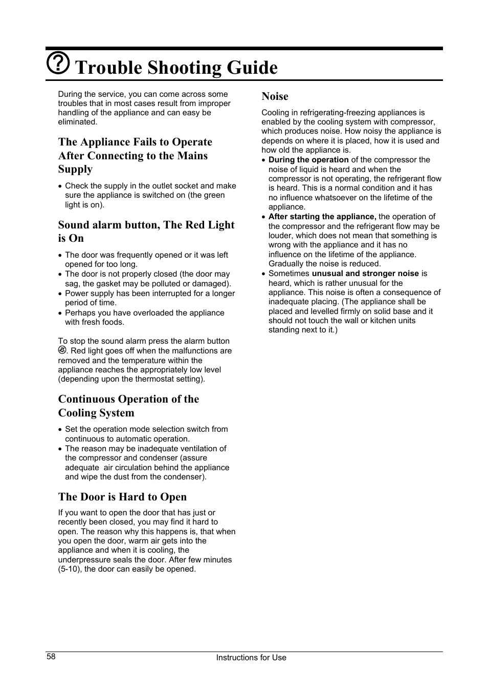 Trouble shooting guide, Sound alarm button, the red light is on, Continuous operation of the cooling system | The door is hard to open, Noise | Smeg CV24A User Manual | Page 12 / 13