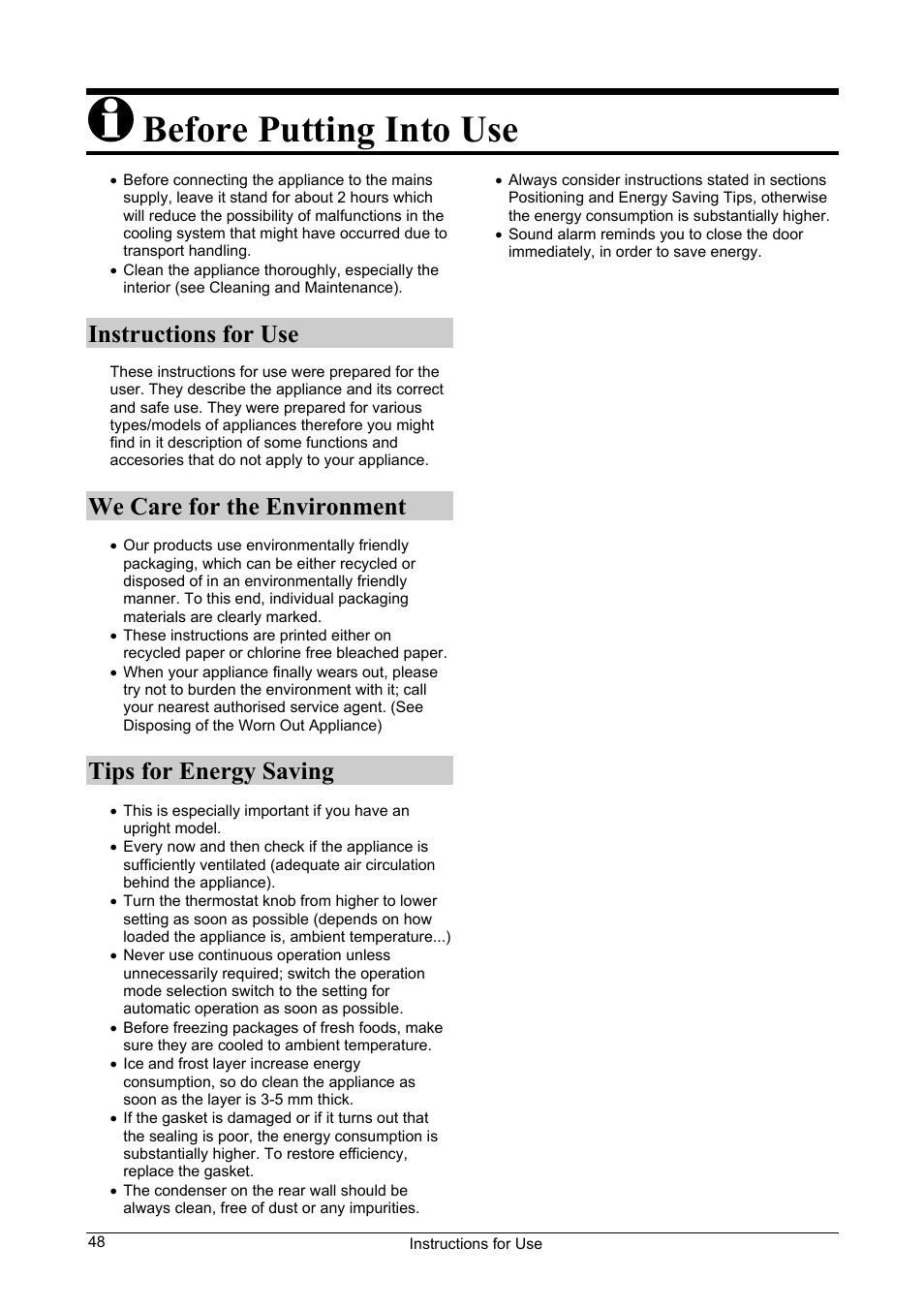 Before putting into use, Instructions for use, We care for the environment | Tips for energy saving | Smeg CV24A User Manual | Page 2 / 13