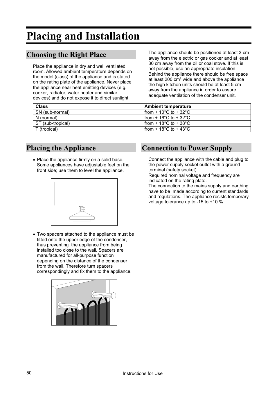 Placing and installation, Choosing the right place, Placing the appliance | Connection to power supply | Smeg CV24A User Manual | Page 4 / 13