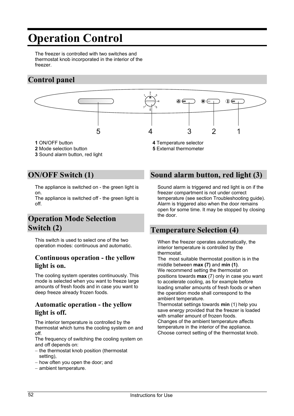 Operation control, Control panel, On/off switch (1) | Operation mode selection switch (2), Sound alarm button, red light (3), Temperature selection (4) | Smeg CV24A User Manual | Page 6 / 13