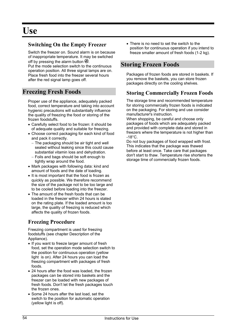 Freezing fresh foods, Storing frozen foods, Switching on the empty freezer | Freezing procedure, Storing commercially frozen foods | Smeg CV24A User Manual | Page 8 / 13