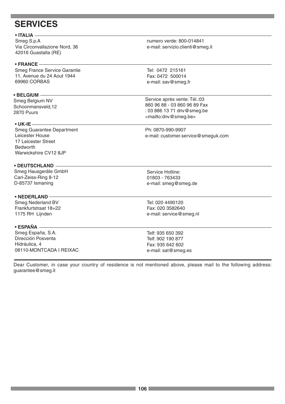 Services | Smeg SCM1 User Manual | Page 106 / 108