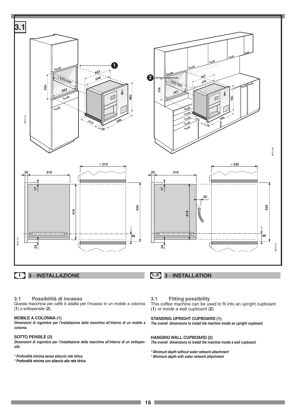3 - installazione, 3 - installation, 1 possibilità di incasso | Gb 3.1 fitting possibility | Smeg SCM1 User Manual | Page 16 / 108
