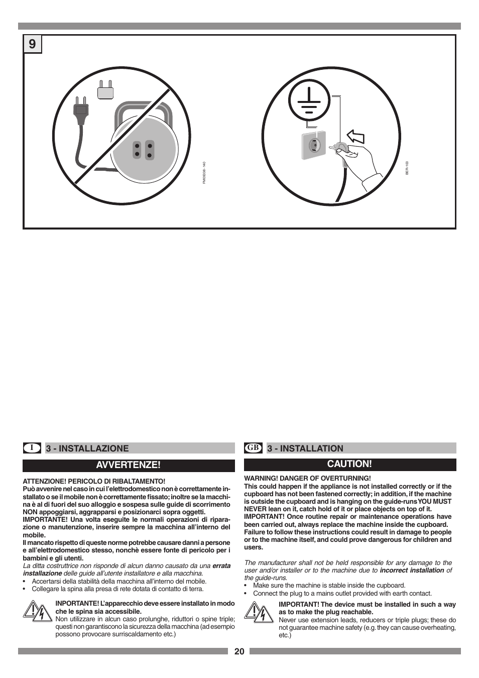 Avvertenze, Caution, 3 - installazione | 3 - installation | Smeg SCM1 User Manual | Page 20 / 108