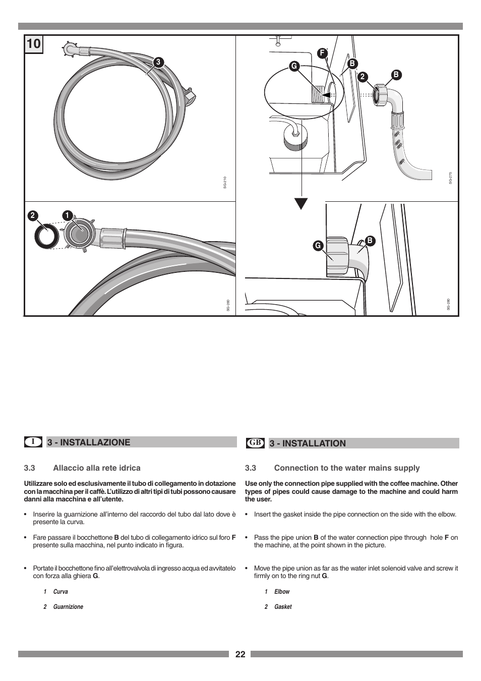 3 - installazione, 3 - installation, Bg g 3.3 allaccio alla rete idrica | Gb b, 3 connection to the water mains supply | Smeg SCM1 User Manual | Page 22 / 108