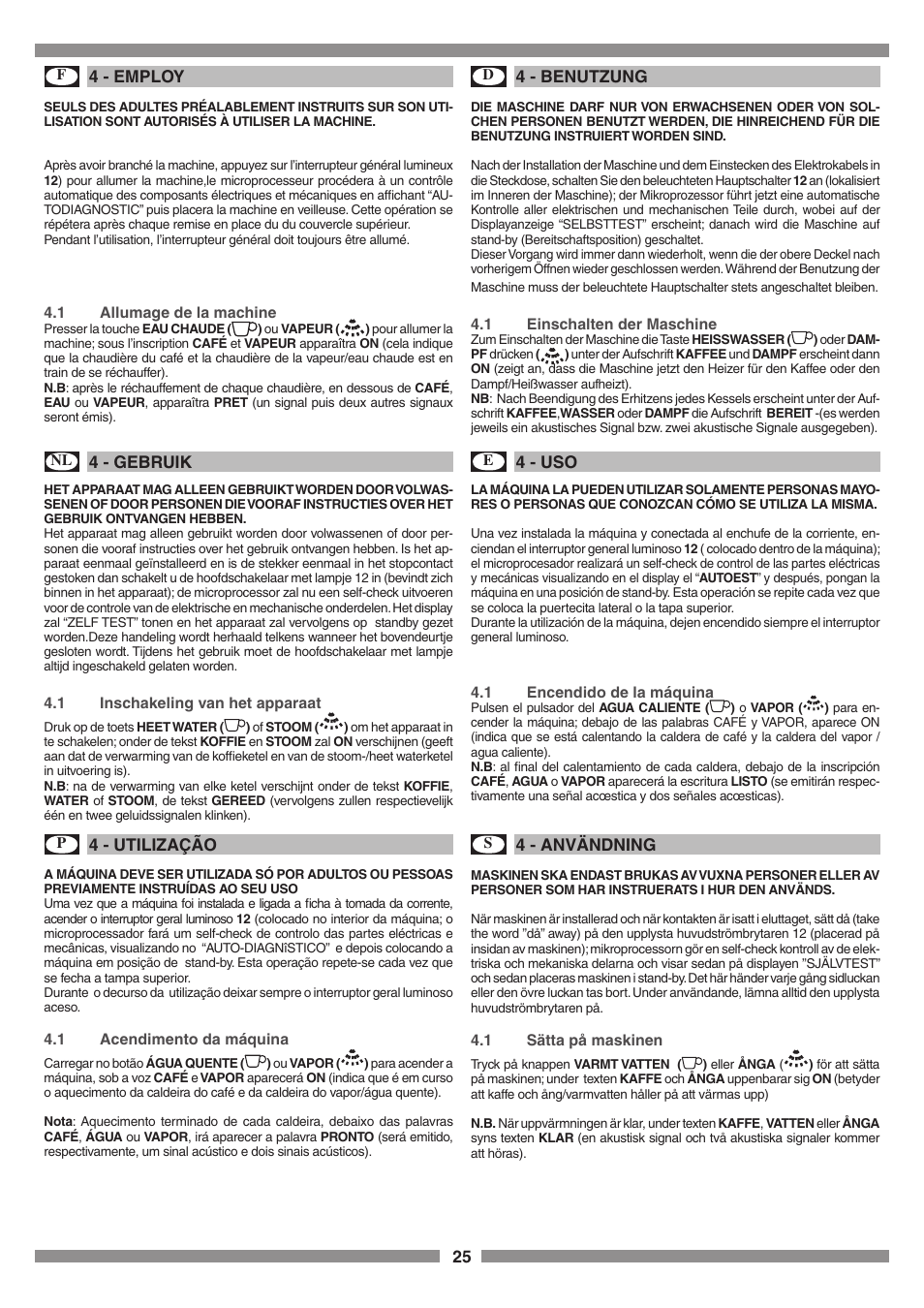 25 4 - employ, 4 - benutzung, 4 - gebruik | 4 - uso, 4 - utilização, 4 - användning | Smeg SCM1 User Manual | Page 25 / 108