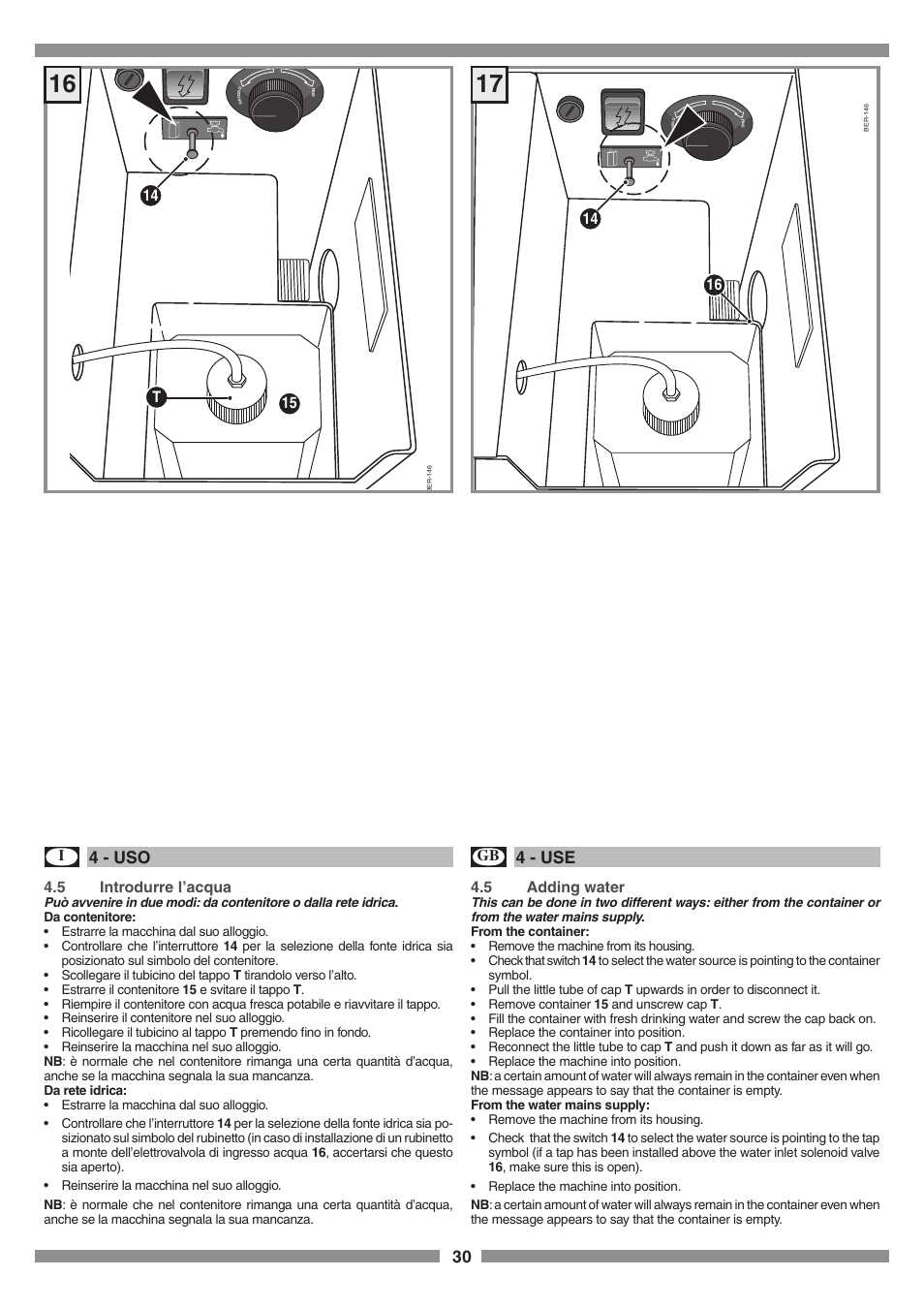 30 4 - uso, 4 - use, I4.5 introdurre l’acqua | 15 t 14, 5 adding water | Smeg SCM1 User Manual | Page 30 / 108