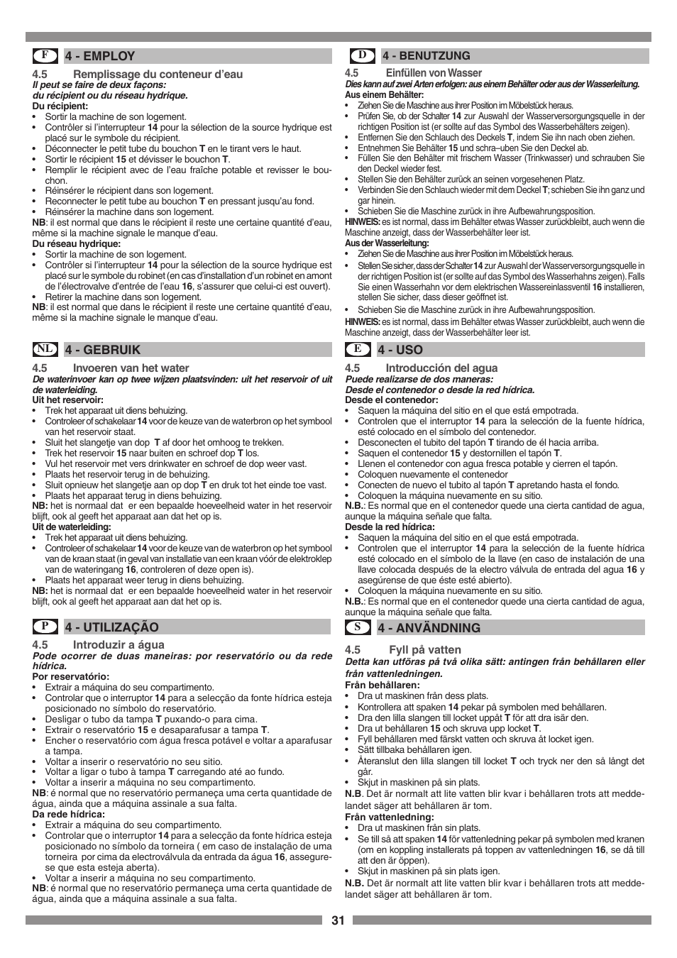 31 4 - employ, 4 - gebruik, 4 - utilização | 4 - uso, 4 - användning | Smeg SCM1 User Manual | Page 31 / 108
