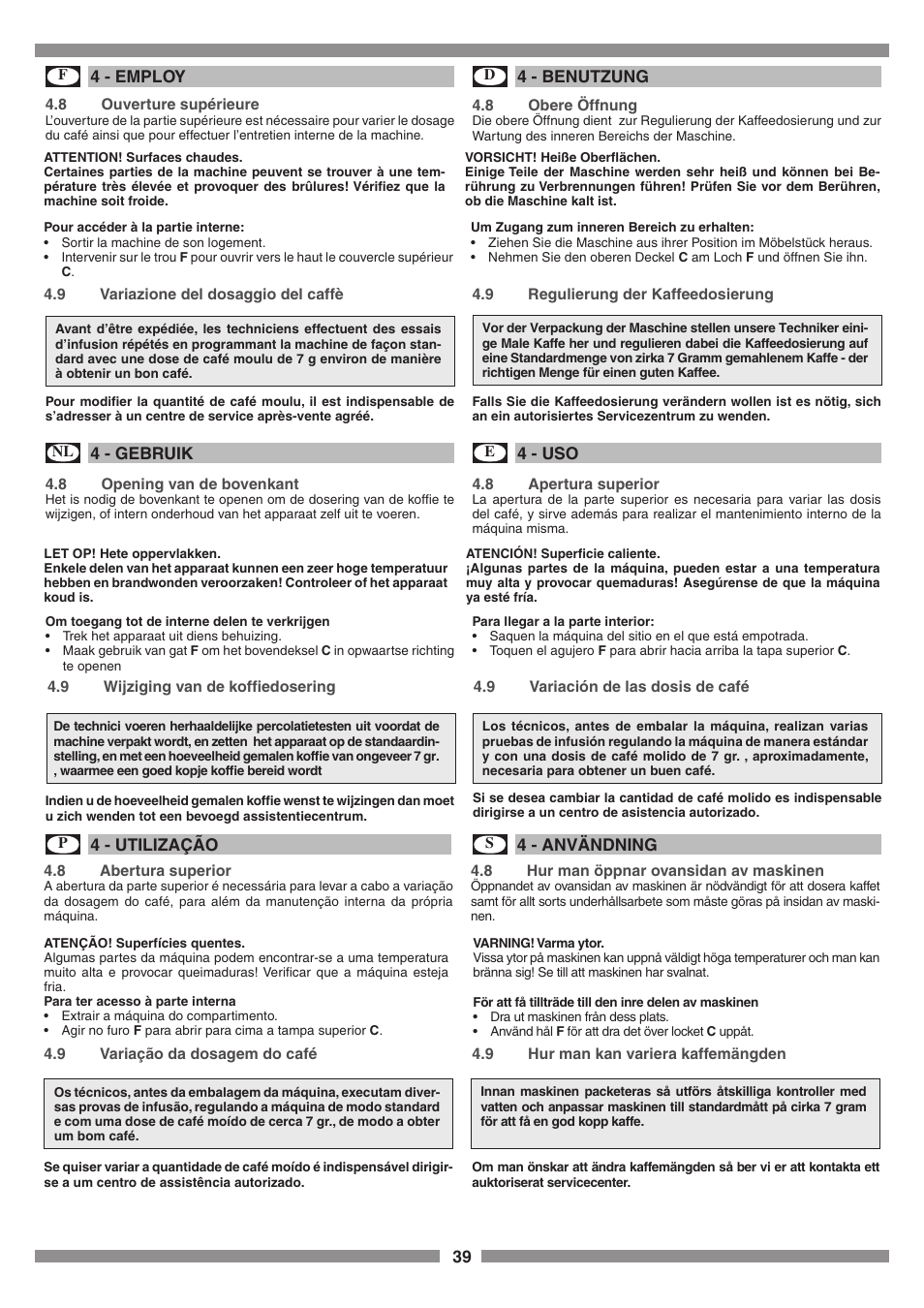 Smeg SCM1 User Manual | Page 39 / 108