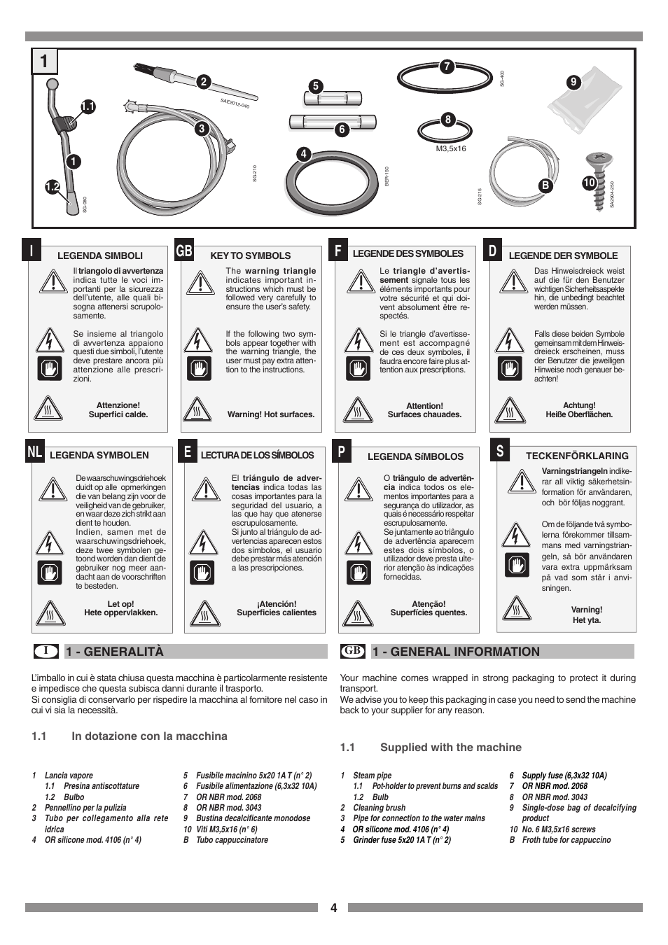 1 - generalità, 1 - general information, 1 in dotazione con la macchina | 1 supplied with the machine | Smeg SCM1 User Manual | Page 4 / 108