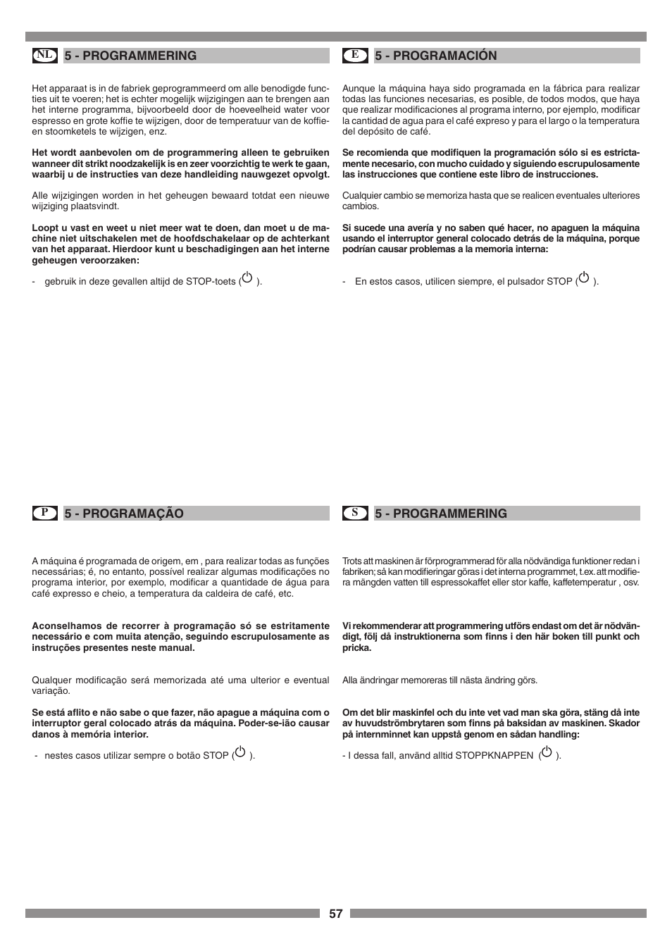 57 5 - programmering, 5 - programación, 5 - programação | 5 - programmering | Smeg SCM1 User Manual | Page 57 / 108