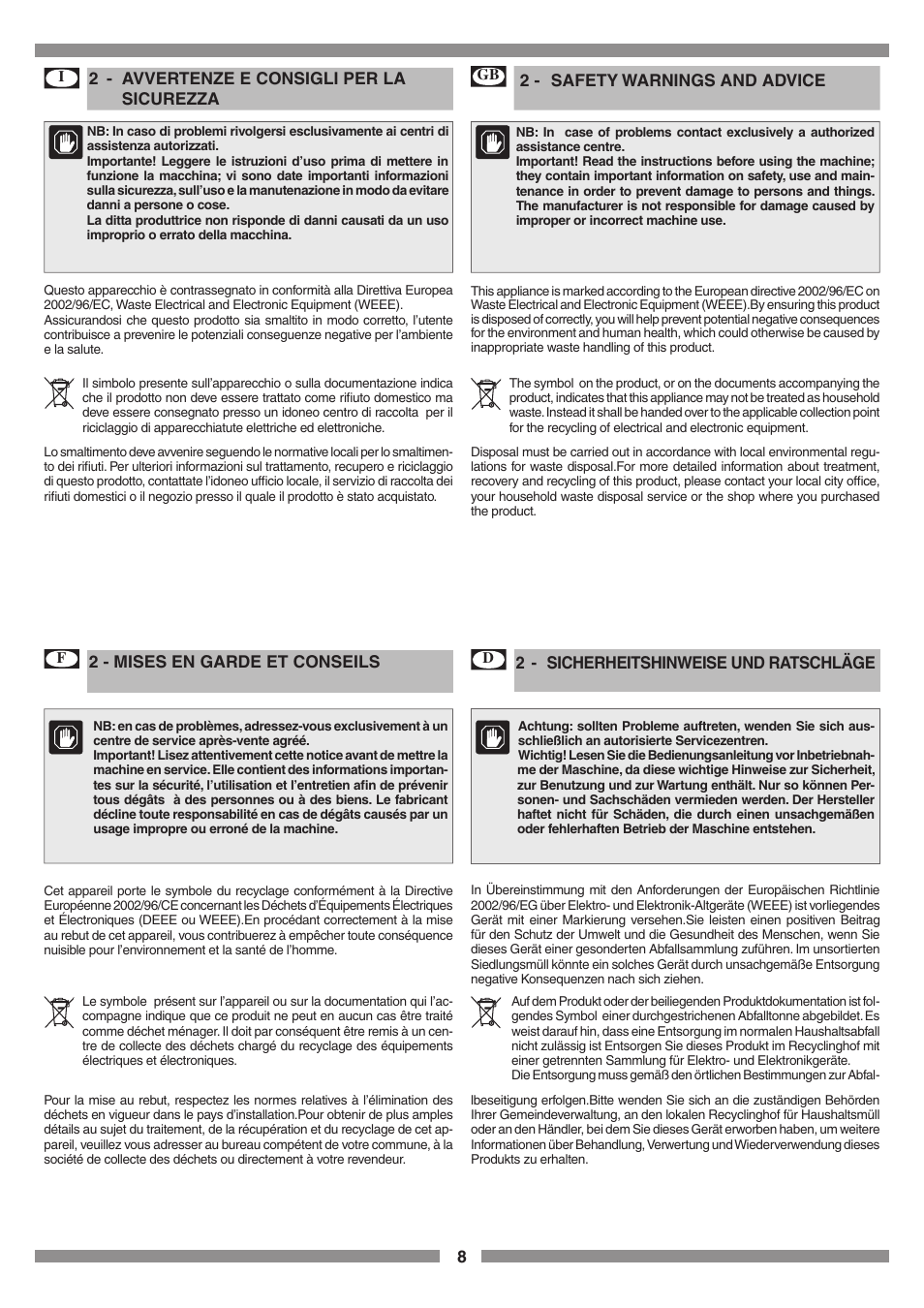 2 - avvertenze e consigli per la sicurezza, 2 - safety warnings and advice, 2 - mises en garde et conseils | 2 - sicherheitshinweise und ratschläge | Smeg SCM1 User Manual | Page 8 / 108