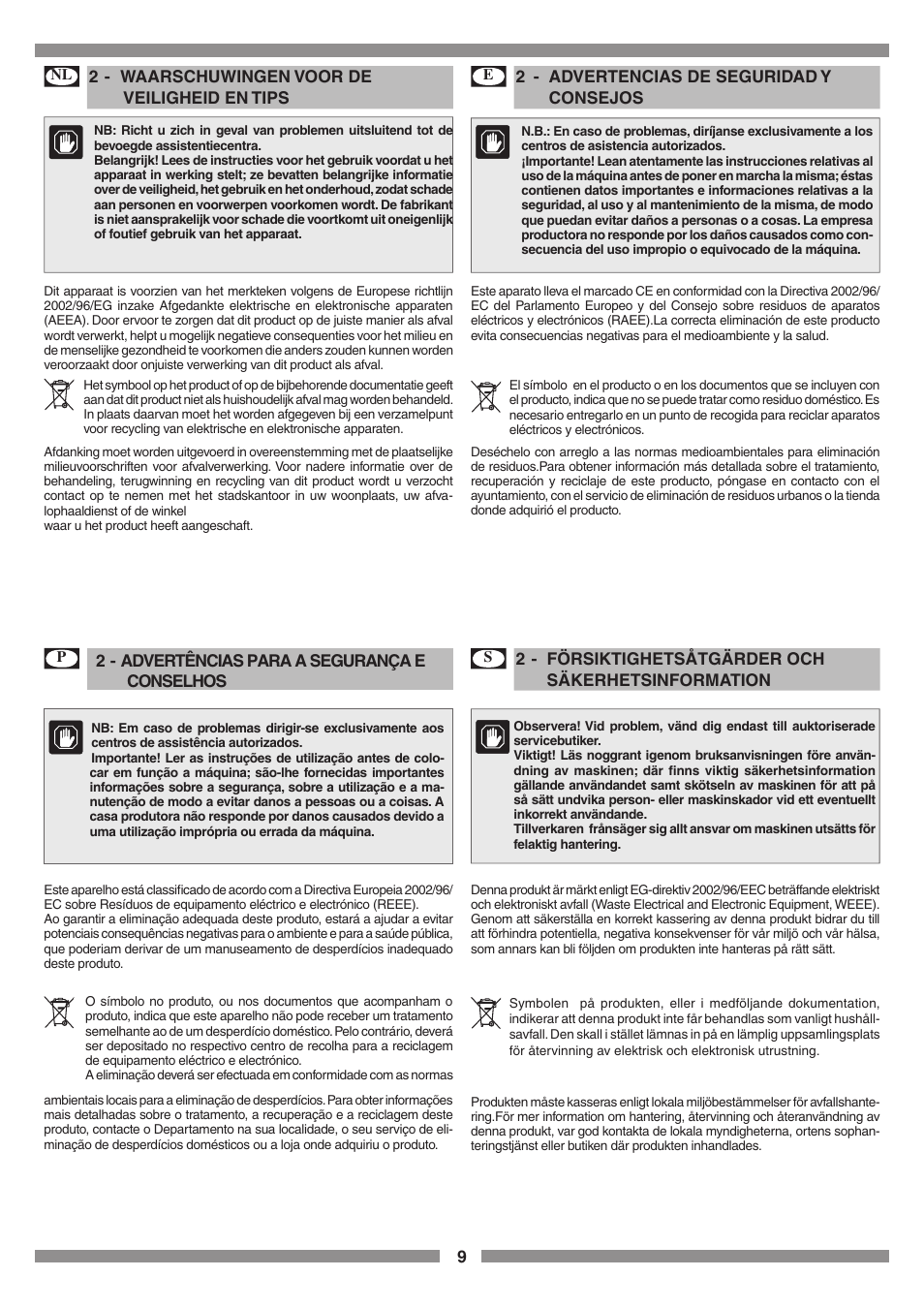 2 - waarschuwingen voor de veiligheid en tips, 2 - advertencias de seguridad y consejos, 2 - advertências para a segurança e conselhos | 2 - försiktighetsåtgärder och säkerhetsinformation | Smeg SCM1 User Manual | Page 9 / 108