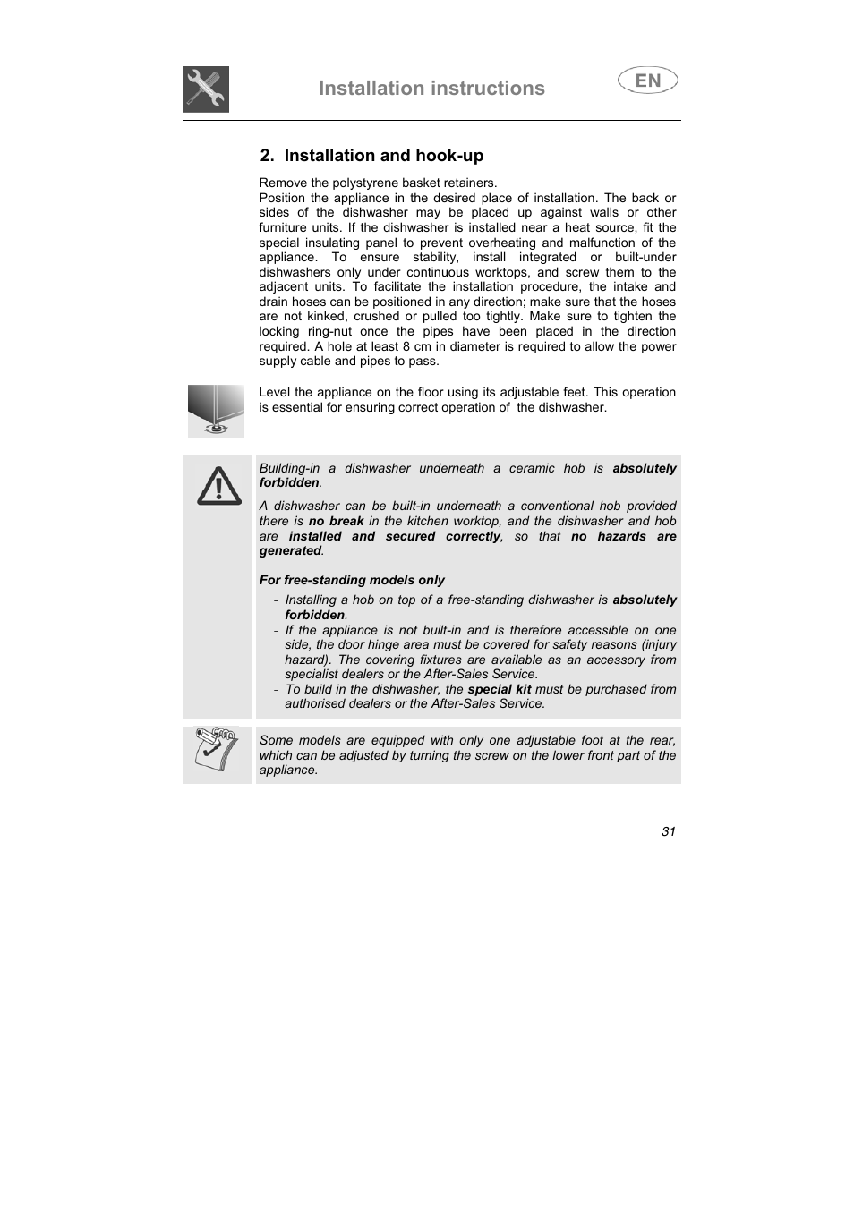 Installation instructions, Installation and hook-up | Smeg STX1-5 User Manual | Page 19 / 39