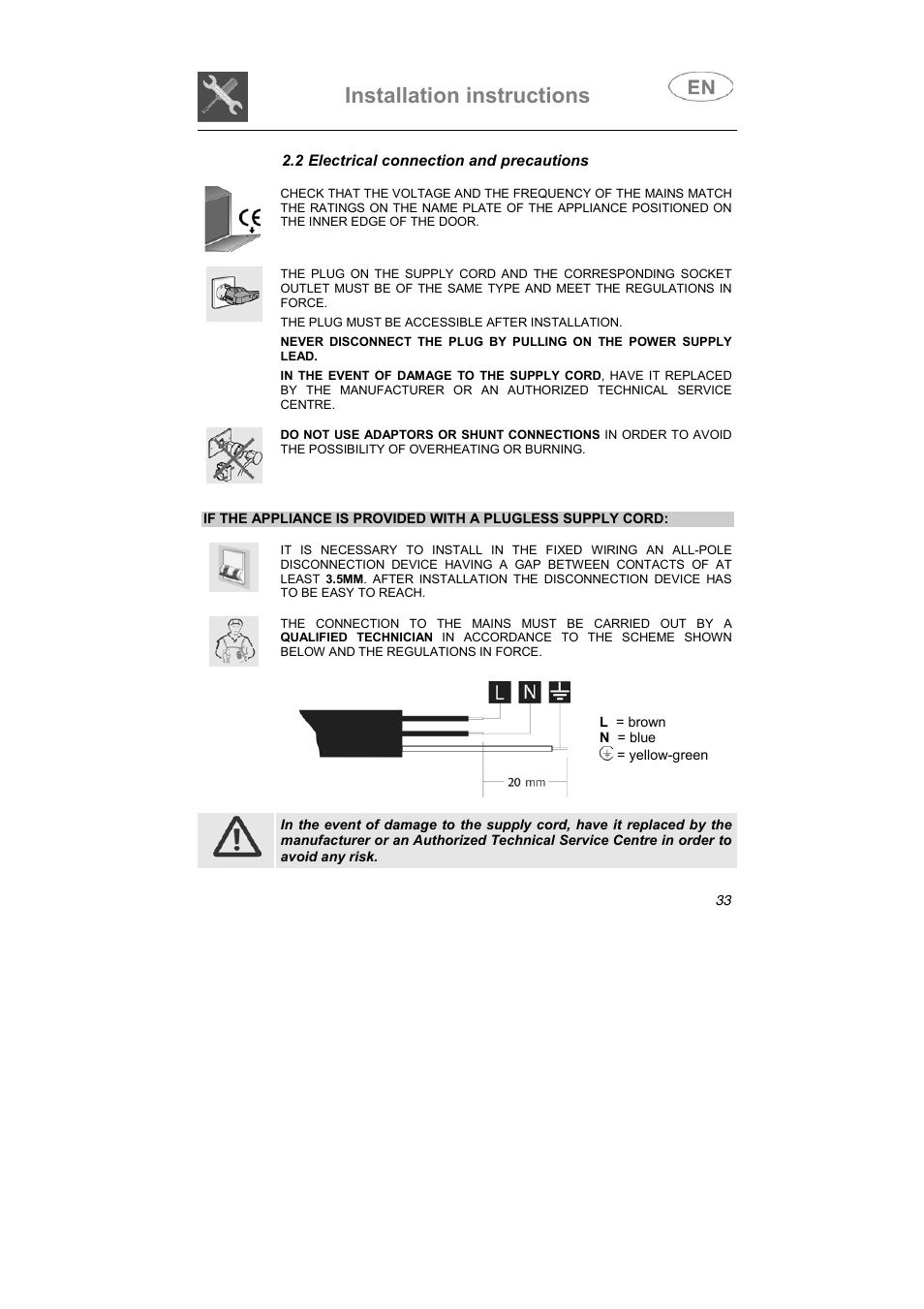 Installation instructions | Smeg STX1-5 User Manual | Page 21 / 39